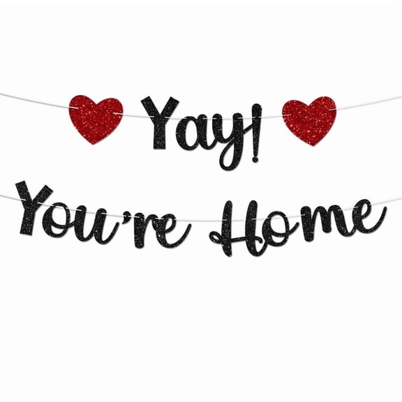 Black Glitter Welcome Home Banner, Yay! You're Home Pre-Assembled Hanging Banner with Red Heart Accent, Warm Reunion Wall Decor for Family Gathering and Housewarming Party