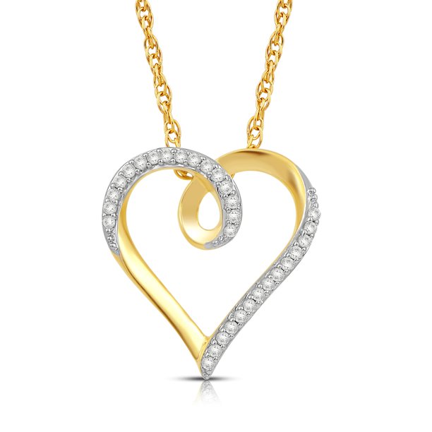 Jewelili 10K Yellow Gold with 1/10 Cttw Natural White Round Diamond Heart Pendant Necklace, 18