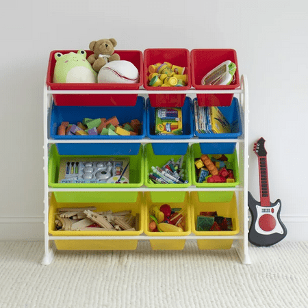

Children Plastic and Metal Toy Storage Racks with 12 Primary Colored Storage Bins Multi-color