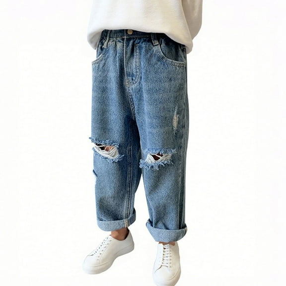 Toddler Wide Leg Distressed Jeans Boys Loose Ripped Denim Pants with Pocket Kids Casual Fall Spring Outfits Light Blue,5 Years