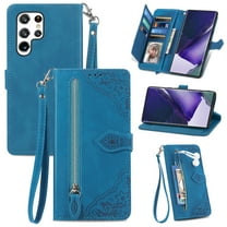 SaniMore Case for Samsung Galaxy S23 Ultra 6.8" 2023, PU Leather Zipper Wallet Detachable Lanyard Retro Embossed Flower Crad Slots Flip Kickstand Full Body Protective Drop-proof Case, Blue