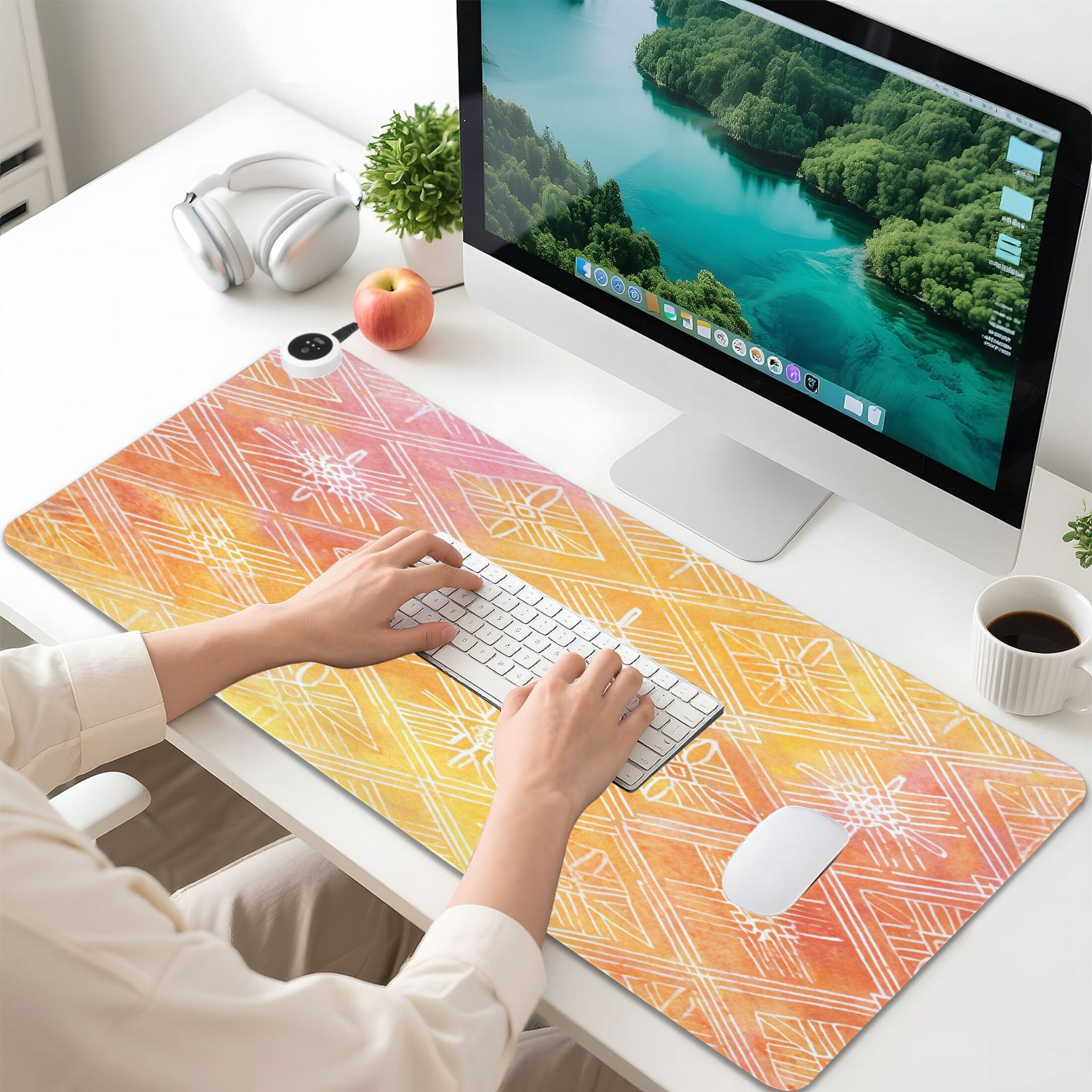 Large Heated Desk Mat Mouse Pad 31.5"x13"PU Leather Graphene Heating Desk Warmer with 3 Temperature Settings 110V US Plug Non-Slip Warm Pad for Home, Office, and Gaming Orange Watercolor Batik Print