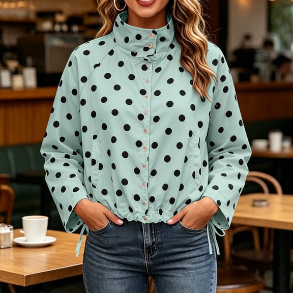 IUYRTFE Women's Polka Dot Jacket with Pockets Stand Collar Button Down Lightweight Casual Coat