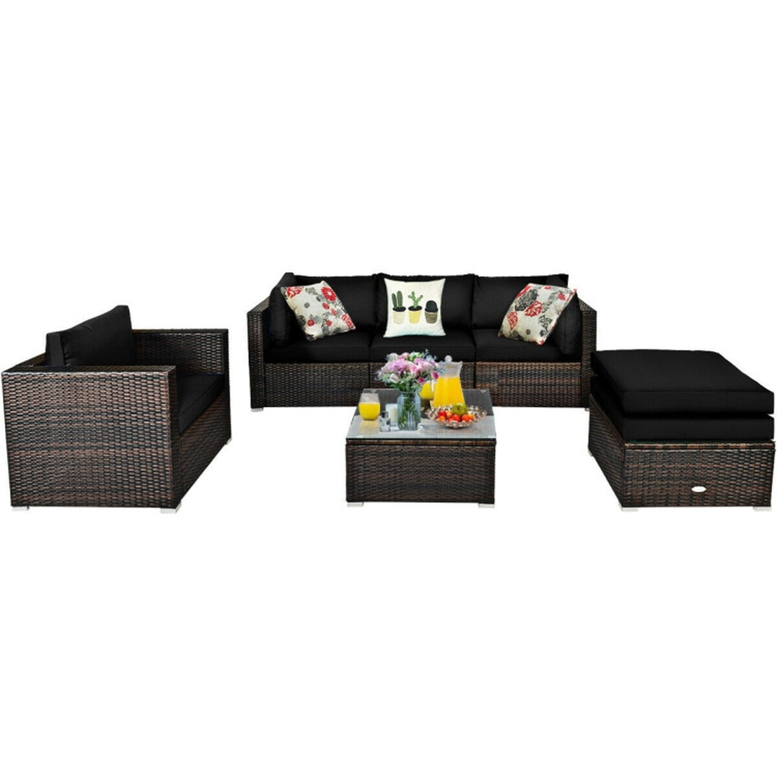 Furnibear 6 Piece Patio Furniture Set Outdoor Sectional Sofa PE Wicker Conversation Set with Glass Table and Cushions for Backyard, Black