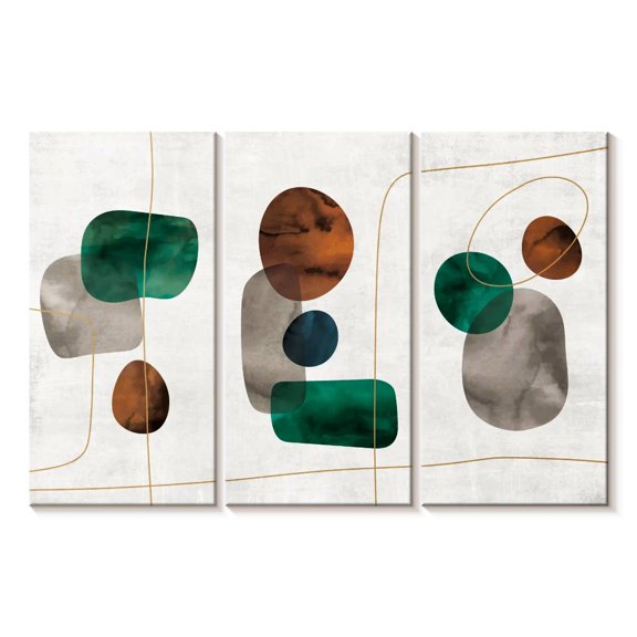Elephant Stock Emerald And Amber Shapes Wall Art - Horizontal Multi Panel Canvas - Living Room Wall Decor - Abstract Multi Panel - Green And Gray Decor - 65" x 42"