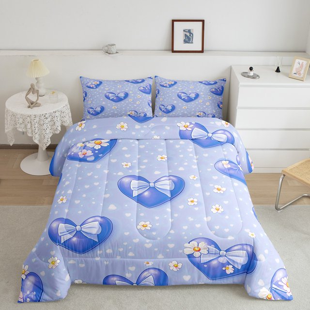Erosebridal Love Heart Bedding Sets with Comforter, Cute Ribbon Duvet Insert, Cartoon Flower Decor, 2pcs