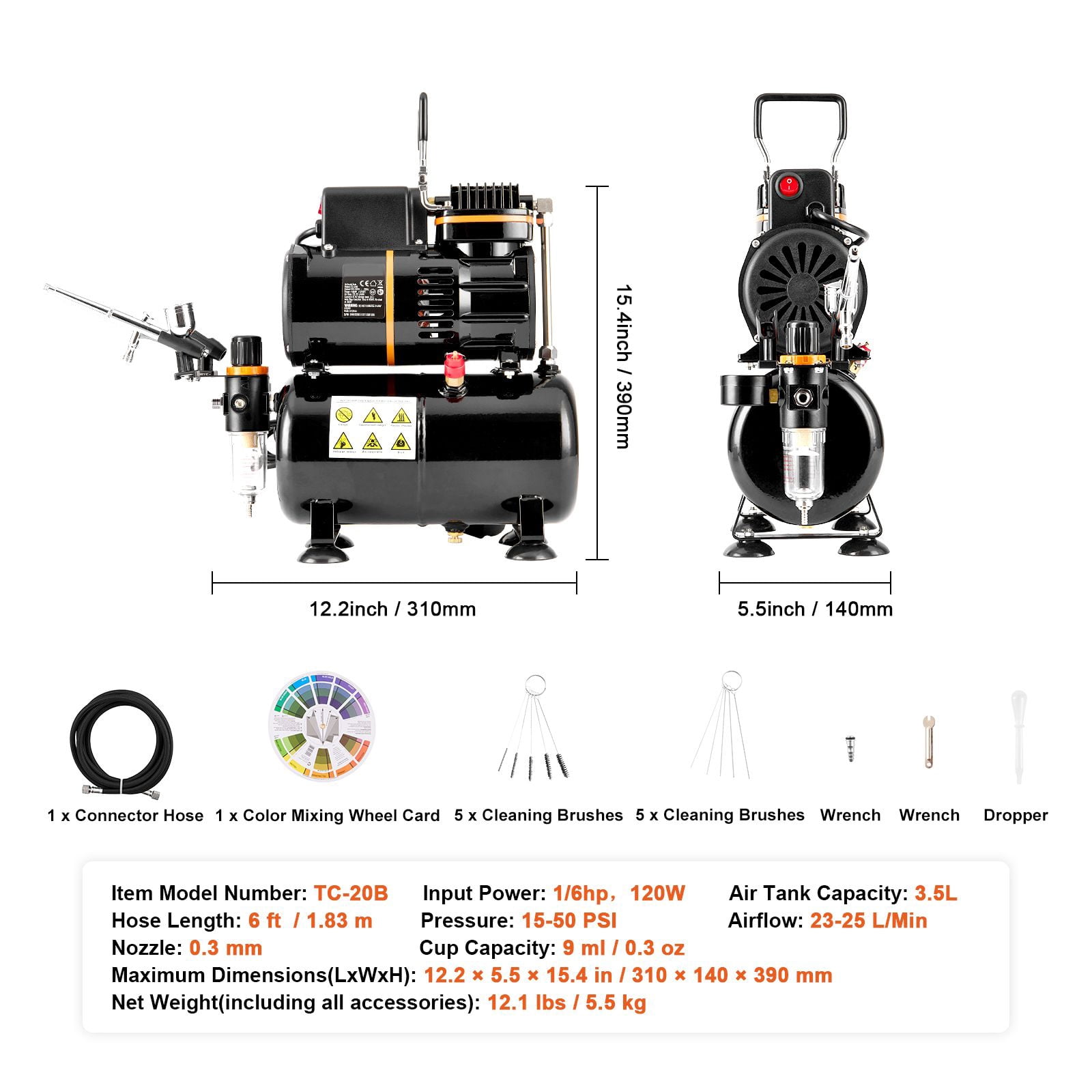 Dual Fan Airbrush Compressor Kit with 3.5L Tank, 0.3mm Airbrush Gun, Holder&Cleaning Set for Art, Nail, Cookie, Tattoo Design