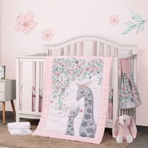 Sweet Baba 4 PC Crib Bedding Set for Girls, Pink Nursery Crib Bedding Set , Giraffe Crib Set Including Crib Skirt, Crib Quilt, Crib Sheet and Diaper Stacker