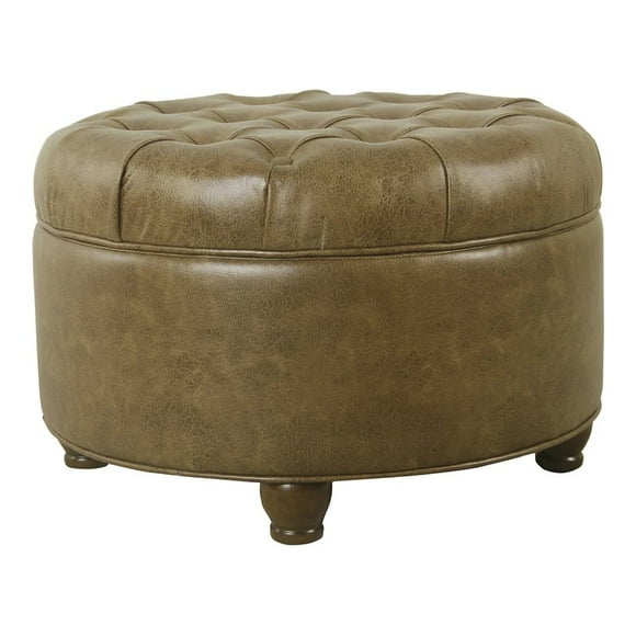Homepop Home Decor | Large Button Tufted Faux Leather Round Storage Ottoman | Ottoman with Storage for Living Room & Bedroom (Brown)