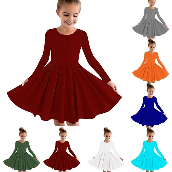 QIPOPIQ Girls Long Sleeve Stretchy Dress A line Twirly Skater School Party Dress Clearance