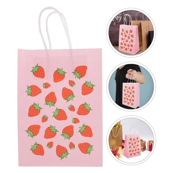 NIAIZEK 12Pcs Strawberry Themed Paper Bags Pink Durable Paper Snack Bags for Birthday Celebrations