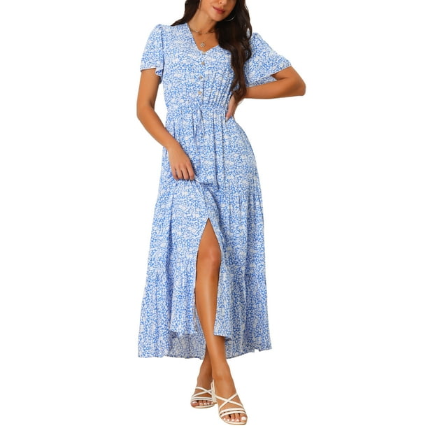 INSPIRE CHIC Vestidos de Verano para Mujeres Casual Cuello en V Con Corte Lateral Manga Corta Vestido de Sol Floral Maxi XL Azul