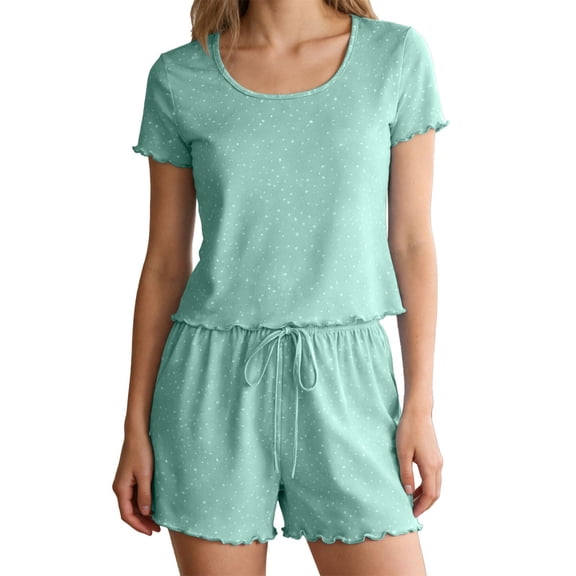 Gkeoshab Womens Pajamas Women's Summer Cool Thin Nylon Loungewear Set Round Neck Short Sleeve Shorts Ruffles Solid Color with Polka Dot Details Green L