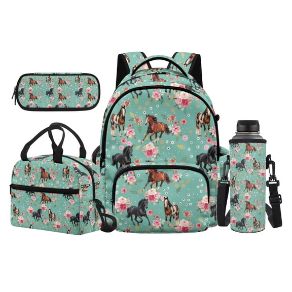 Yuyamidu Green Horse Floral 4Pcs School Backpack Set for Girls Boys 3rd-5th Grade Kids Bookbag Bundle with Lunch Bag Pencil Case Water Bottle Bag for Elementary Students