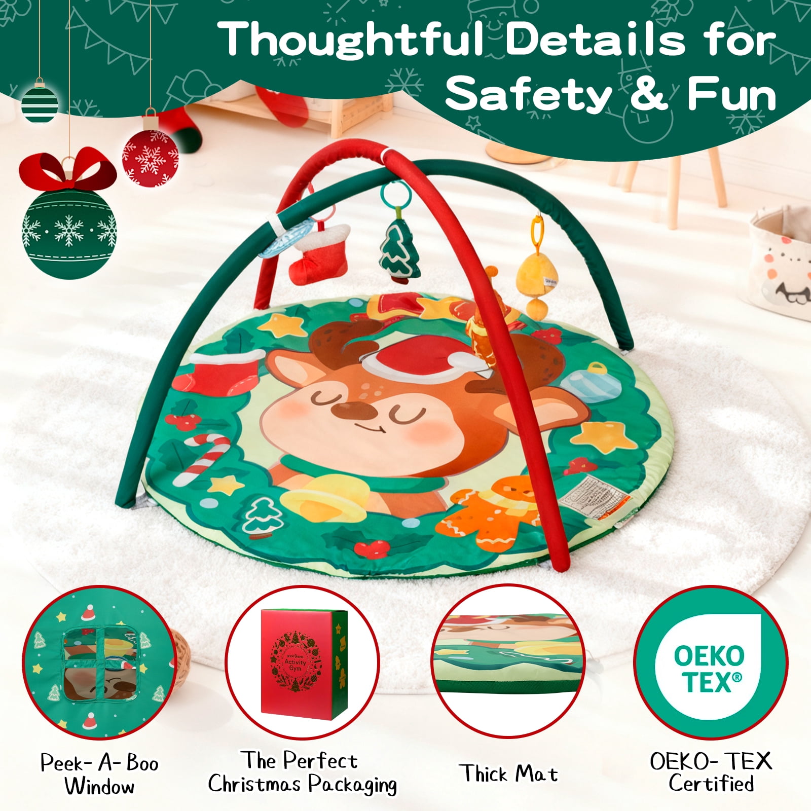 BEINGMATE Care Play Gym Activity Extra Large Baby Playmat for Newborns Infants with 6 Detachable Toys, Christmas