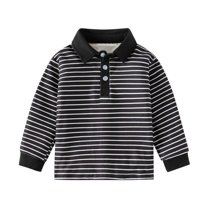 Boys Long Sleeve Henley Rubgy Shirts Collared Golf Dress Striped Tops Size 3-8 Years Cotton School Uniform (7 Years, Black)