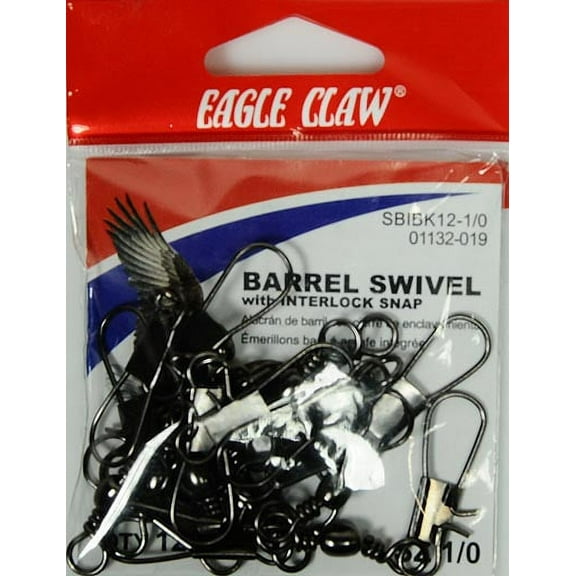 Eagle Claw Barrel Swivel with Interlock Snap, Black, Size 1/0, 12 Pack