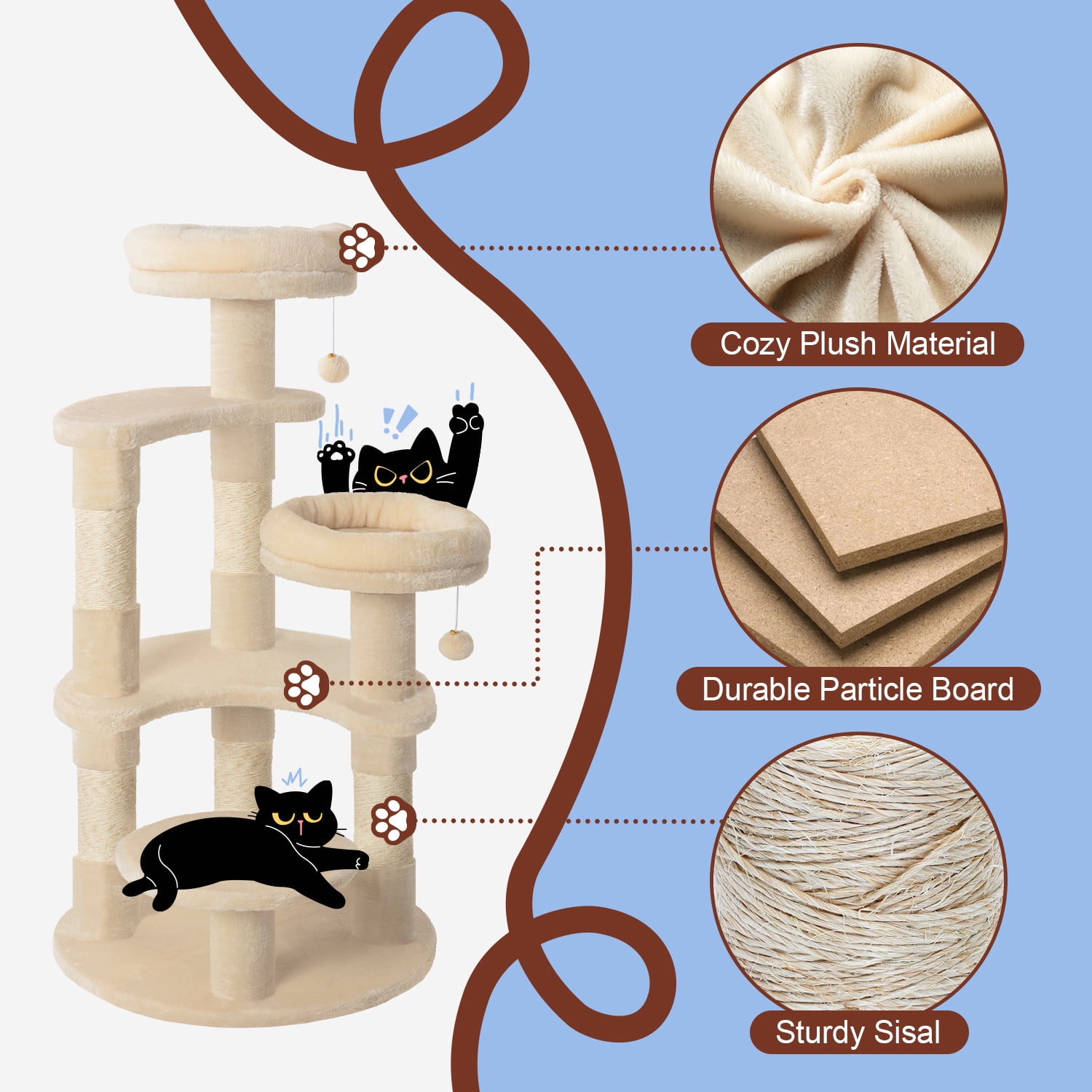 Amolife 55.5" Large Cat Tree and Tower with 5 Scratching Posts, Cat Perches for Indoor Cats and Kittens, Beige