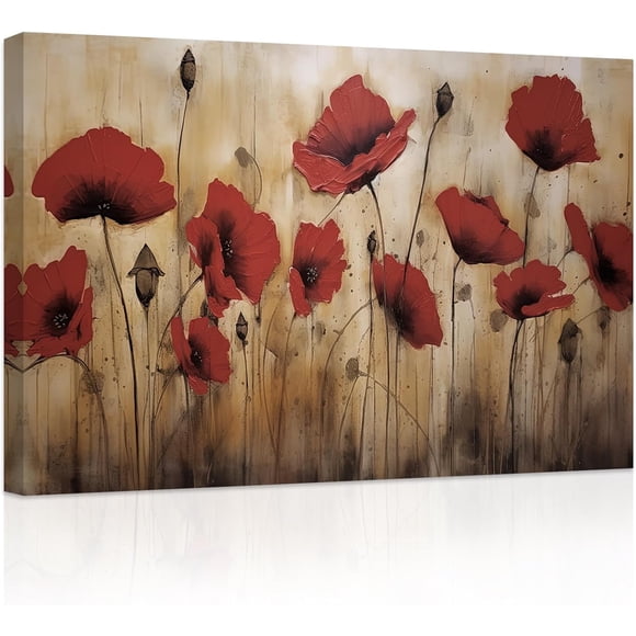 ZHONGYUTONG Red Poppies Flower Canvas Wall Art Retro Poppy Floral Painting Prints Elegant Rustic Picture Artwork Bathroom Home Decor Framed (24.00" x 36.00")