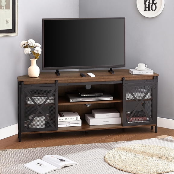 Corner TV Stand for 55" TV, Rustic Entertainment Center with Storage, Industrial Media Console Table with Sliding Barn Door, Living Room, Brown