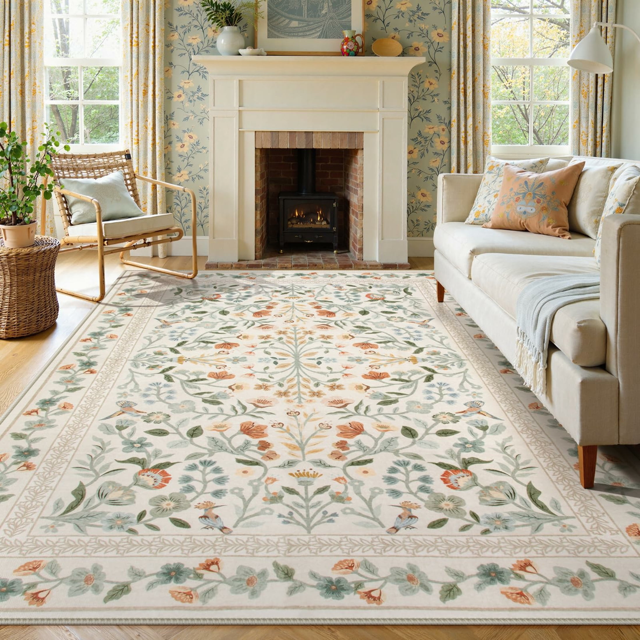 Moynesa 9'x12' Floral Area Rugs for Living Room, Washable Large Vintage Botanical Rugs for Bedroom, Soft Non Slip Cottagecore Flower Accent Carpet for Dining Room Dorm Apartmen, Beige