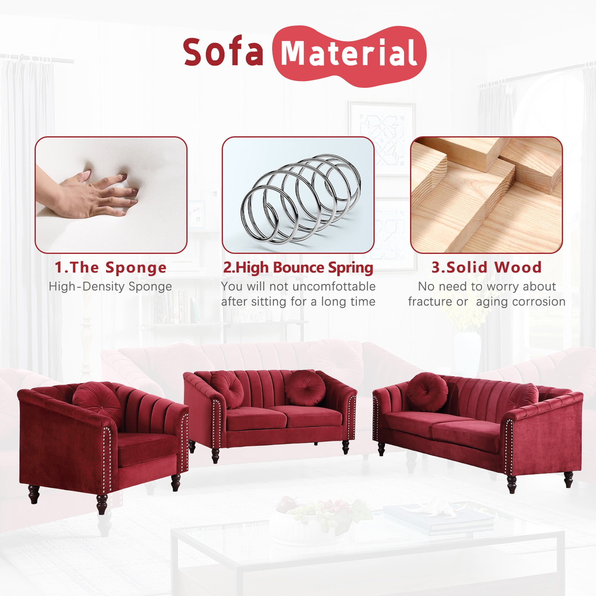 Aukfa 3 Seater Sofa Couch Set, Contemporary Living Room Sofa for Living Room Furniture Sets, Red