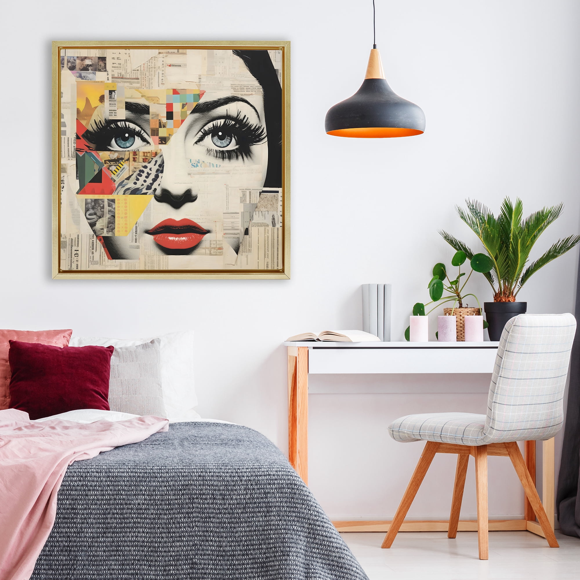 Stupell Industries Fashion Collage Pop Portrait Gold Framed Floater Canvas Wall Art, design by Creative Studio