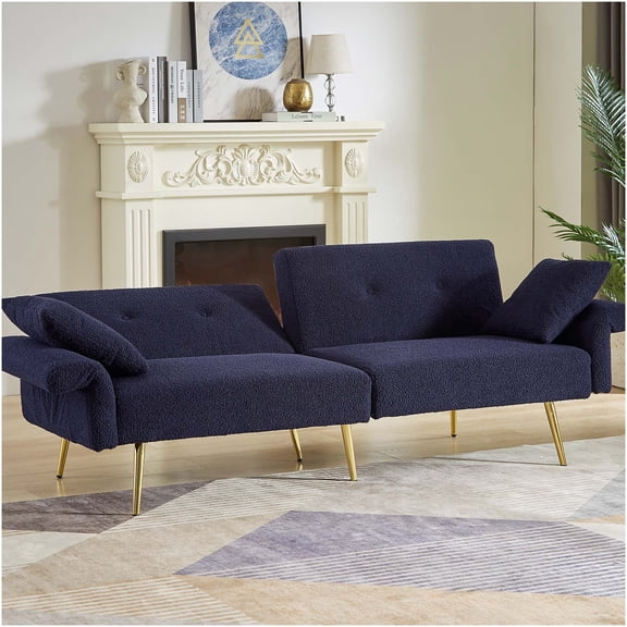 Modern Teddy Fabric Loveseat Sofa Bed with Adjustable Backrest, Foldable Armrests and Golden Metal Legs, Dark Blue Sleeper Sofa for Living Room, Office or Apartment