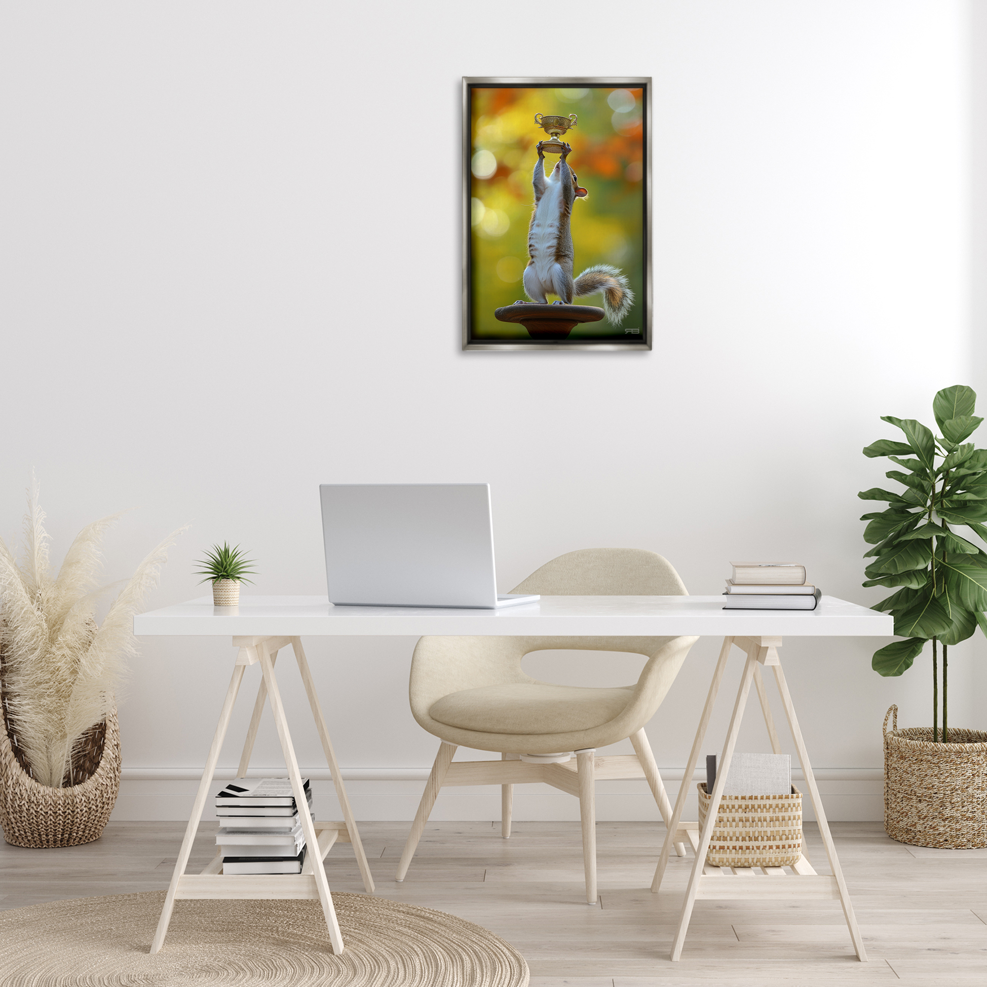 Stupell Industries Squirrel Holding Trophy Novelty Painting Gray Floater Framed Art Print Wall Art, 17 x 25
