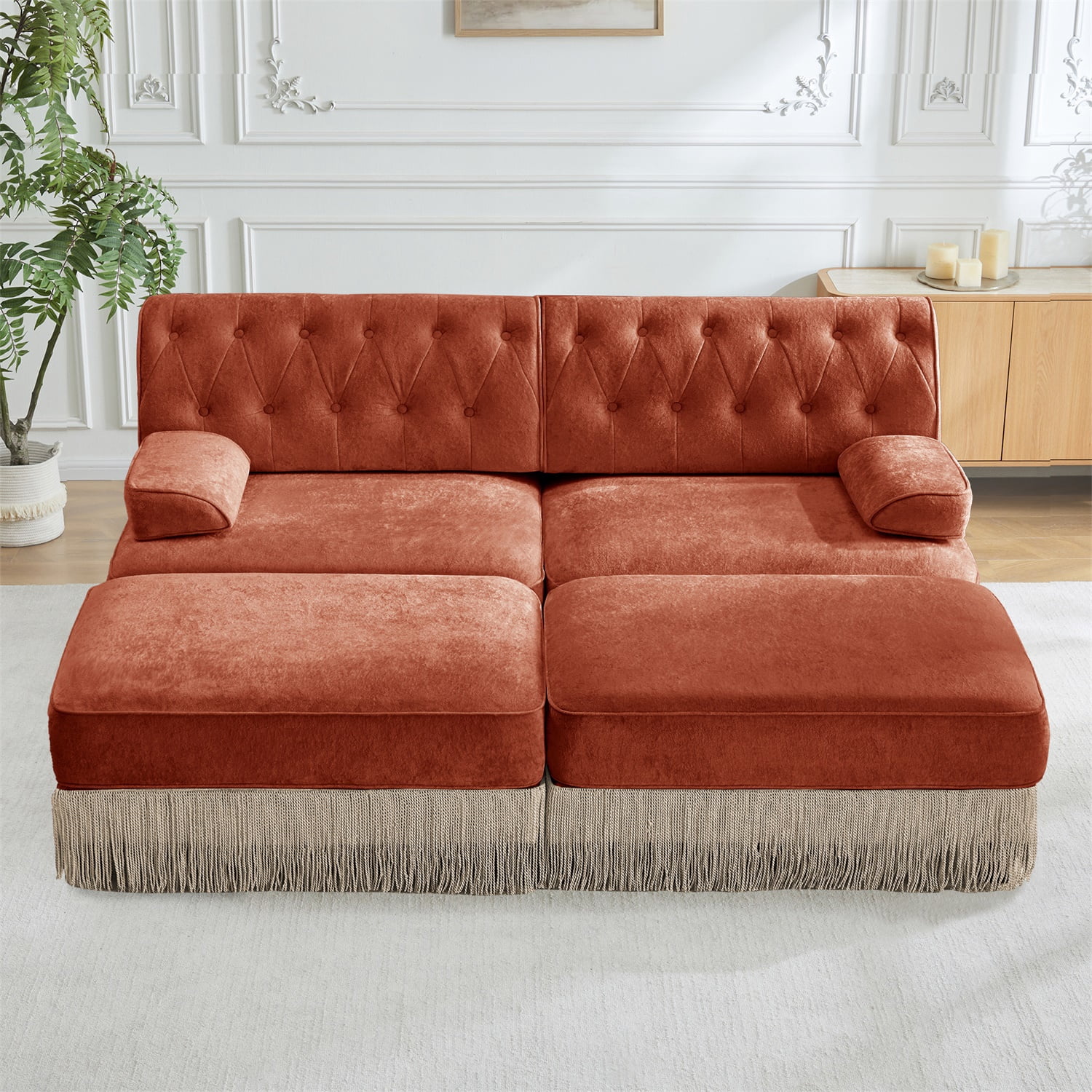 Hommoo 2-Seater Chesterfield Style Velvet Fabric Sofa Couch set with 2 Ottomans, Tufted Button Upholstered Design and Floor-grazing Tassel, Free Combination Sectional Sofa, for Home, Red Brown