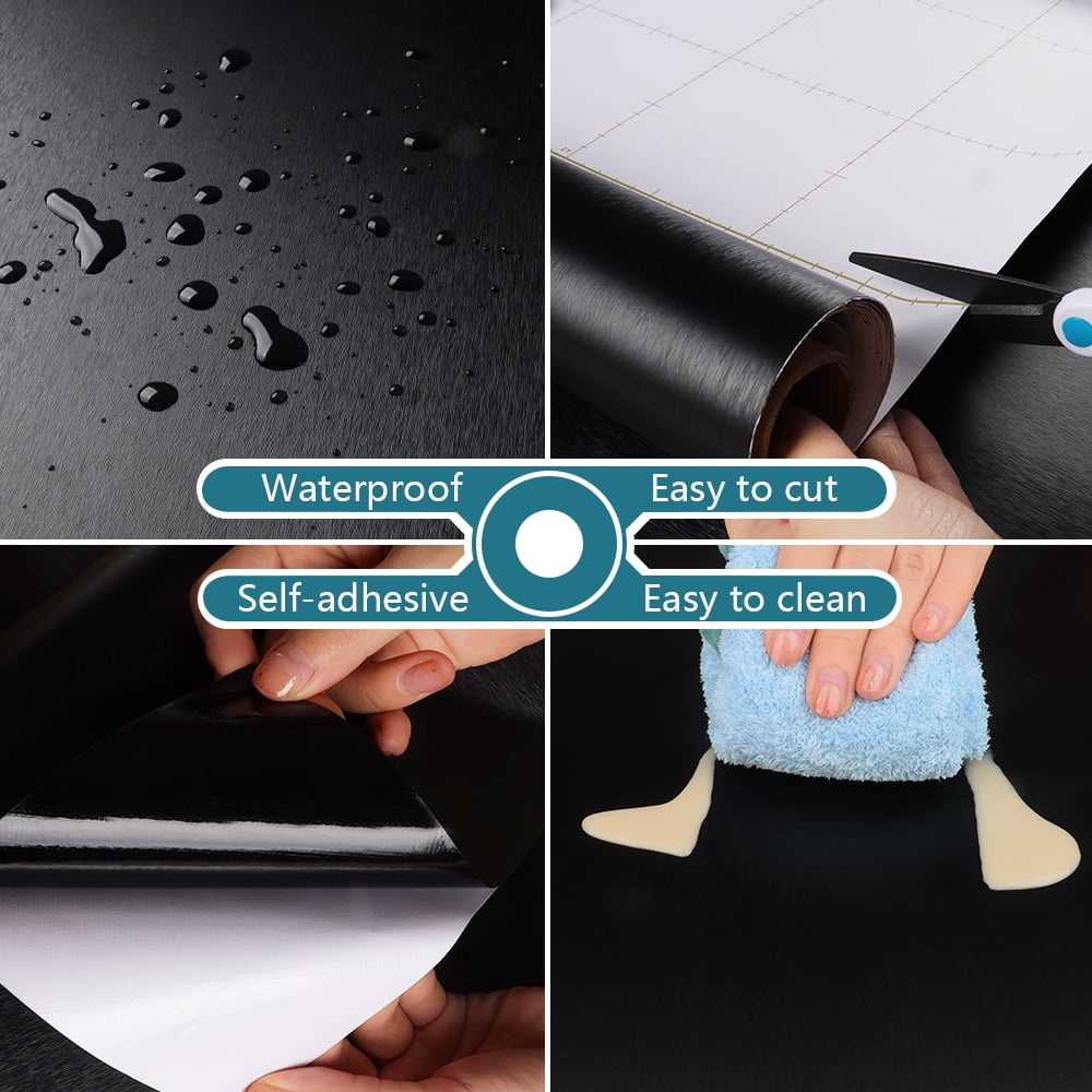 VEELIKE Black Brushed Stainless Steel Contact Paper for Kitchen Removable Black Peel and Stick Wallpaper for Countertops Waterproof Contact Paper for Bedroom Cabinets 15.7''x354''