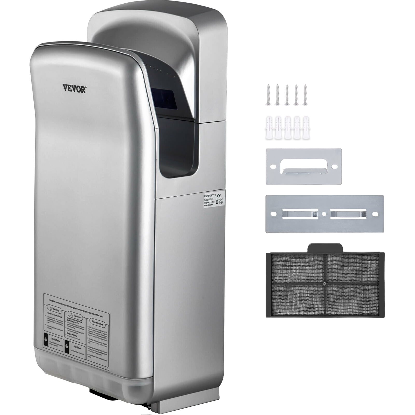 AHD-2001-00-K Super Quiet Automatic Electric Hand Dryer Commercial High Speed 95m/s Brushed Instant Heat & Dry Silver PENSON & CO 