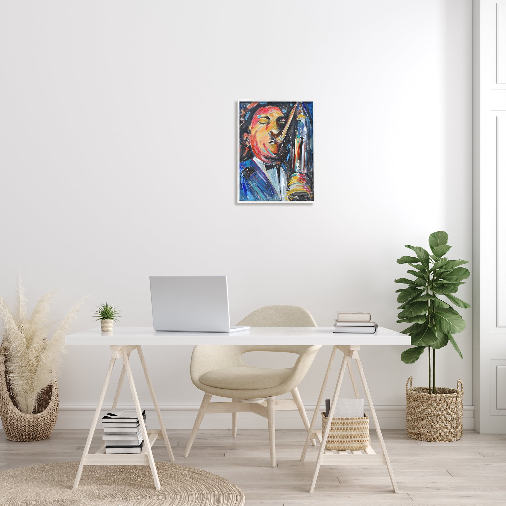 Stupell Industries Expressive Jazz Saxophone Contemporary Musician Portrait Beauty & Fashion Painting White Framed Art Print Wall Art, 16 x 20