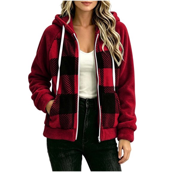 Horkkom Fleece Jacket Women Winter Zip Up Plaid Print Jacket Soft Warm Hooded Jacket with Pockets XL