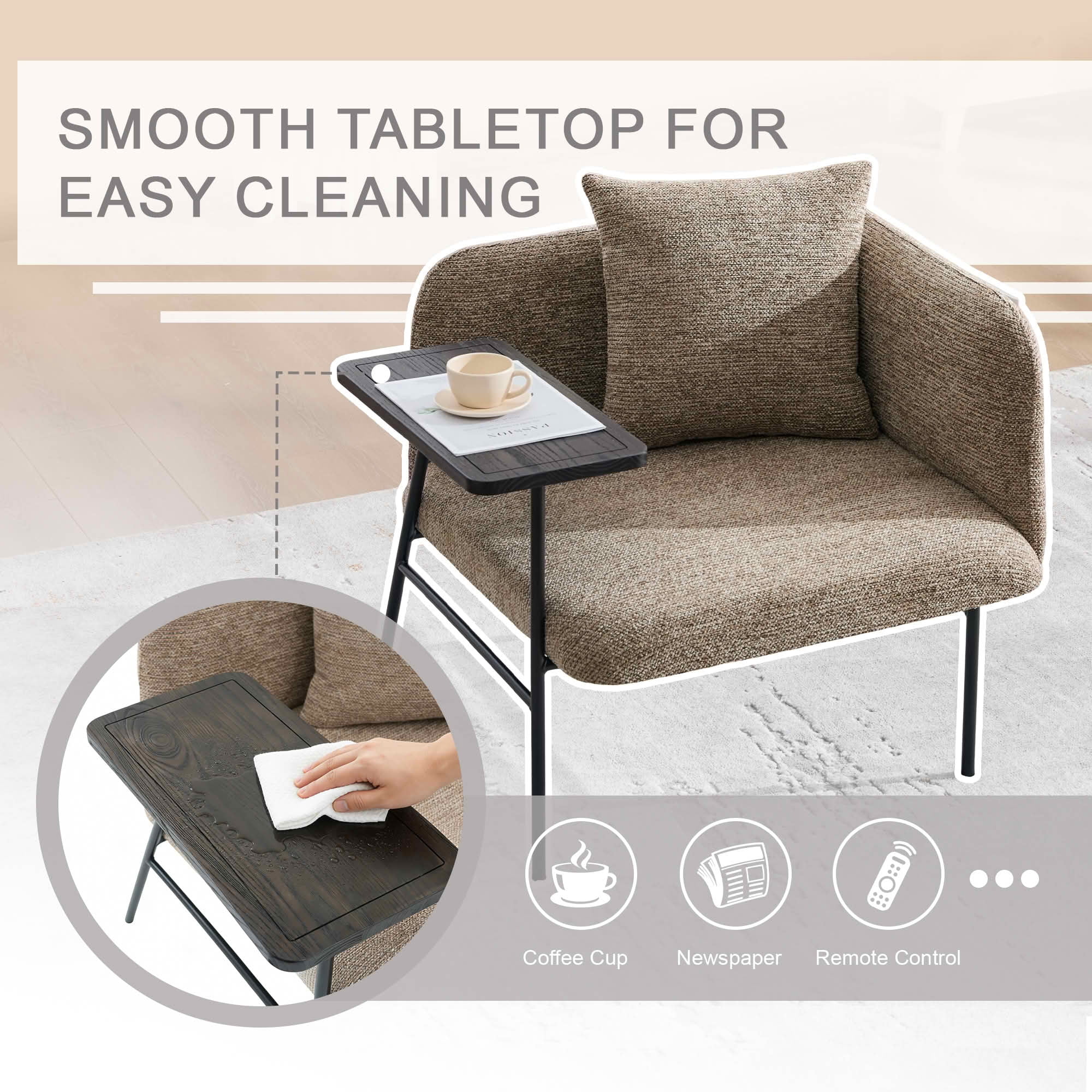 MAYEERTY Leisure Lounge Chair with Side Table & Back Pillow, Armchair, khaki, Living Room Bedroom