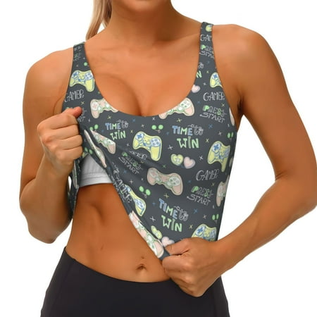 Qokaie Gamers Pattern Womens Scoop Neck Sports Bra Breathable Workout Vest Padded U Back Medium Impact Fitness Gym Yoga Bra Workout Crop Top