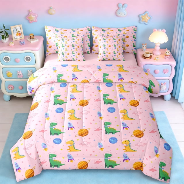 Manfei Mignon Dinosaure Dino Sauvage Ensemble de Literie 7 Pcs pour Lit Simple pour Fille Enfants, Ensemble de Douillette Planète Fusée Espace, Rose Blanc, Réversible