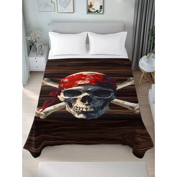 Queen Size Flat Sheet Only,Abstract Punk Pirate Skull Soft Top Bed Sheets Breathable Bedding Sheet Crossbones on Brown Wood Board Microfiber Hotel Luxury Top Sheets