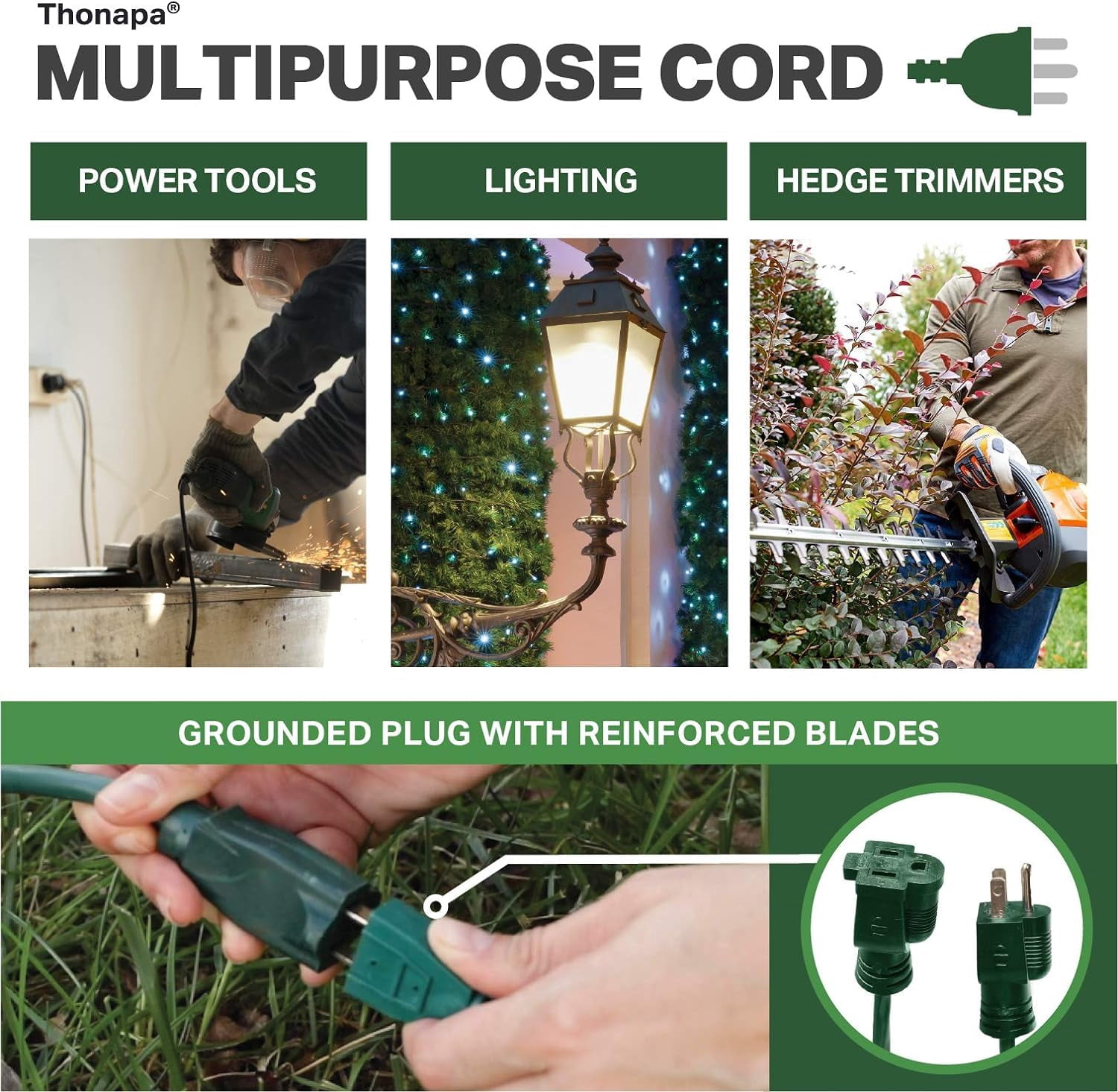Thonapa 13 Amp Outdoor Extension Cord 20 ft, 16/3 SJTW 20ft Green Extension Cord 3 Prong, Weatherproof for Outdoor Lights, Landscaping & Lawn - US Veteran Owned