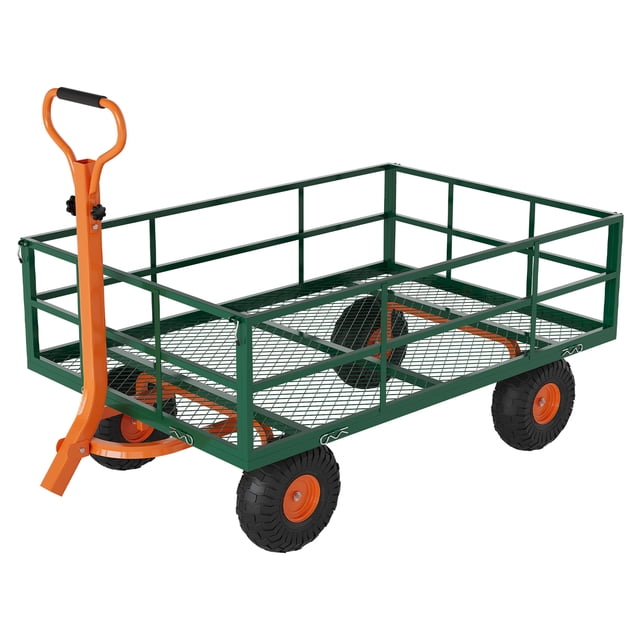 Gaderth 1200 Lb Steel Garden Wagon Cart, 3 In 1 Utility Wagon With Removable Mesh Sides, 13 Inch All Terrain Tires, 180 Degree Rotating Handle, For Lawn Farm Warehouse Yard