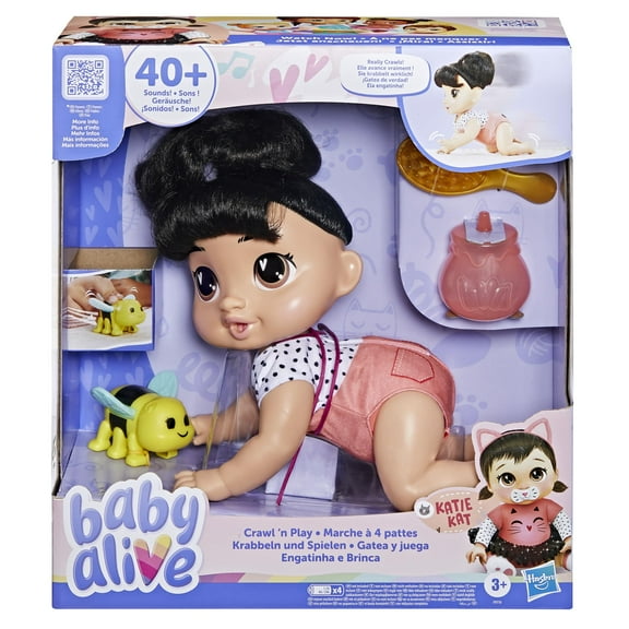 Baby Alive Crawl 'n Play Katie Kat Electronic Crawling Baby Doll Set, Black Hair, Kids Toys for Girls & Boys 3 Years & Up, 10.75 Inches C33