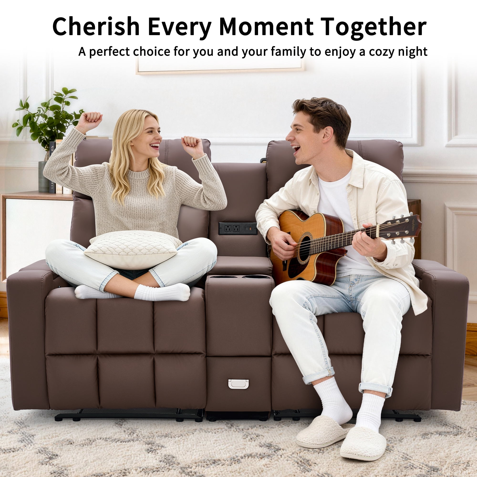 Korser Reclining Loveseat with Cup Holders,2-Seater Recliner Sofa with USB Ports & Type C Double Manual Recliner Chair for Living Room,Faux Leather,Brown