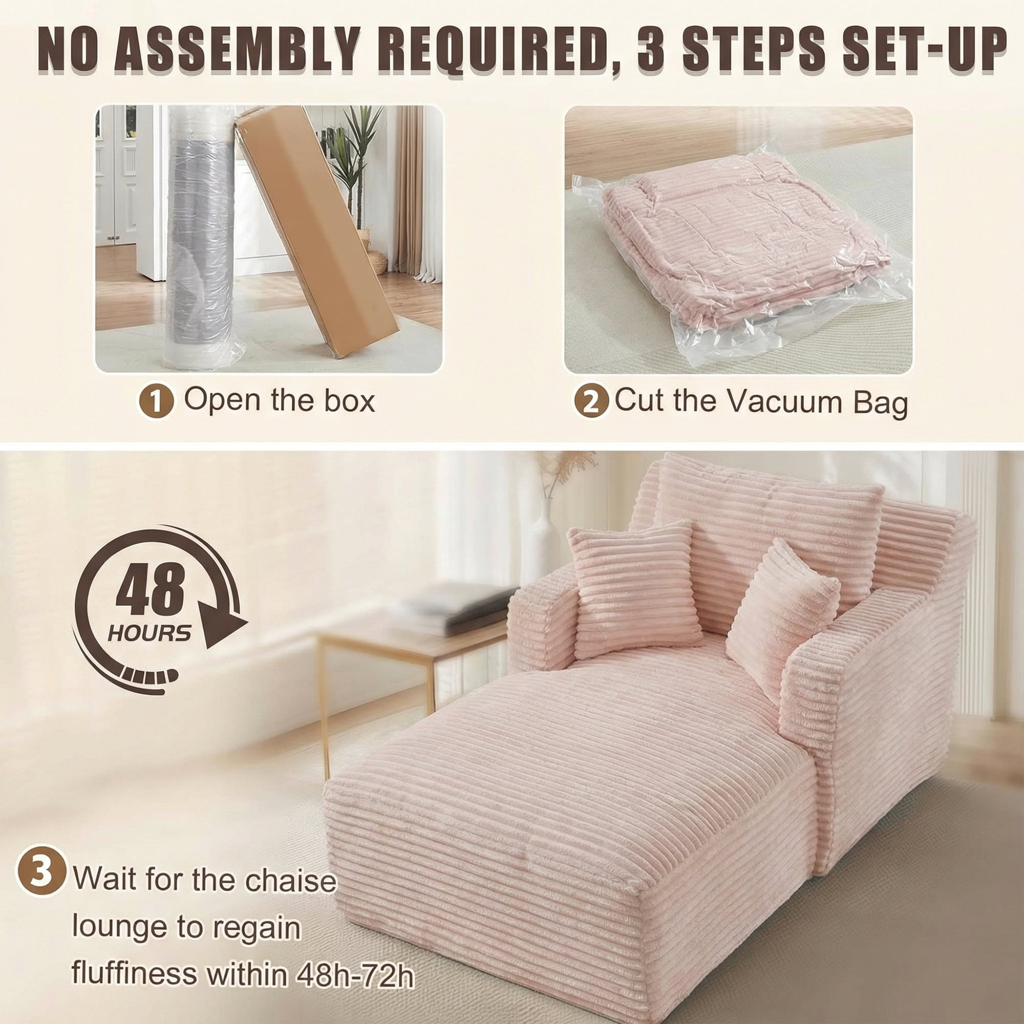 Kosynda 65"D Oversized Chaise Lounge Chair Indoor, Corduroy Upholstered Boneless Sofa Bed with 3 Pillows for Living Room, Pink