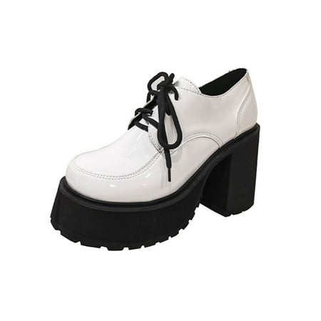 

Wazshop Women Dress Shoe Chunky Leather Shoes Platform Oxfords Fashion Lace Up Loafers Womens Non Slip Comfort White 7