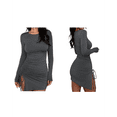 thumbnail image 3 of Vestido Corto de Punto Elástico, Ajustado, Fruncido, con Cordón Ajustable, Liso, de Otoño, Cuello Redondo, Larga Gris M, 3 of 7