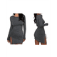 thumbnail image 3 of Vestido Corto de Punto Elástico, Ajustado, Fruncido, con Cordón Ajustable, Liso, de Otoño, Cuello Redondo, Larga Gris M, 3 of 7