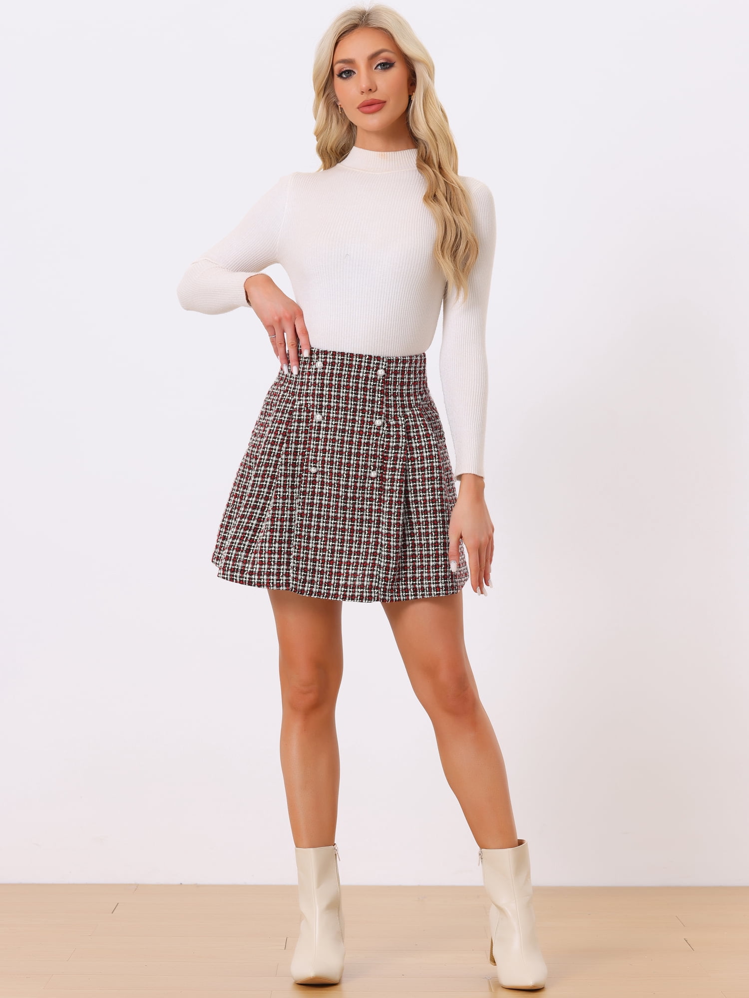 DARING DIVA Women's Elegant High Waist Button Decor A-Line Skirts S Black Red