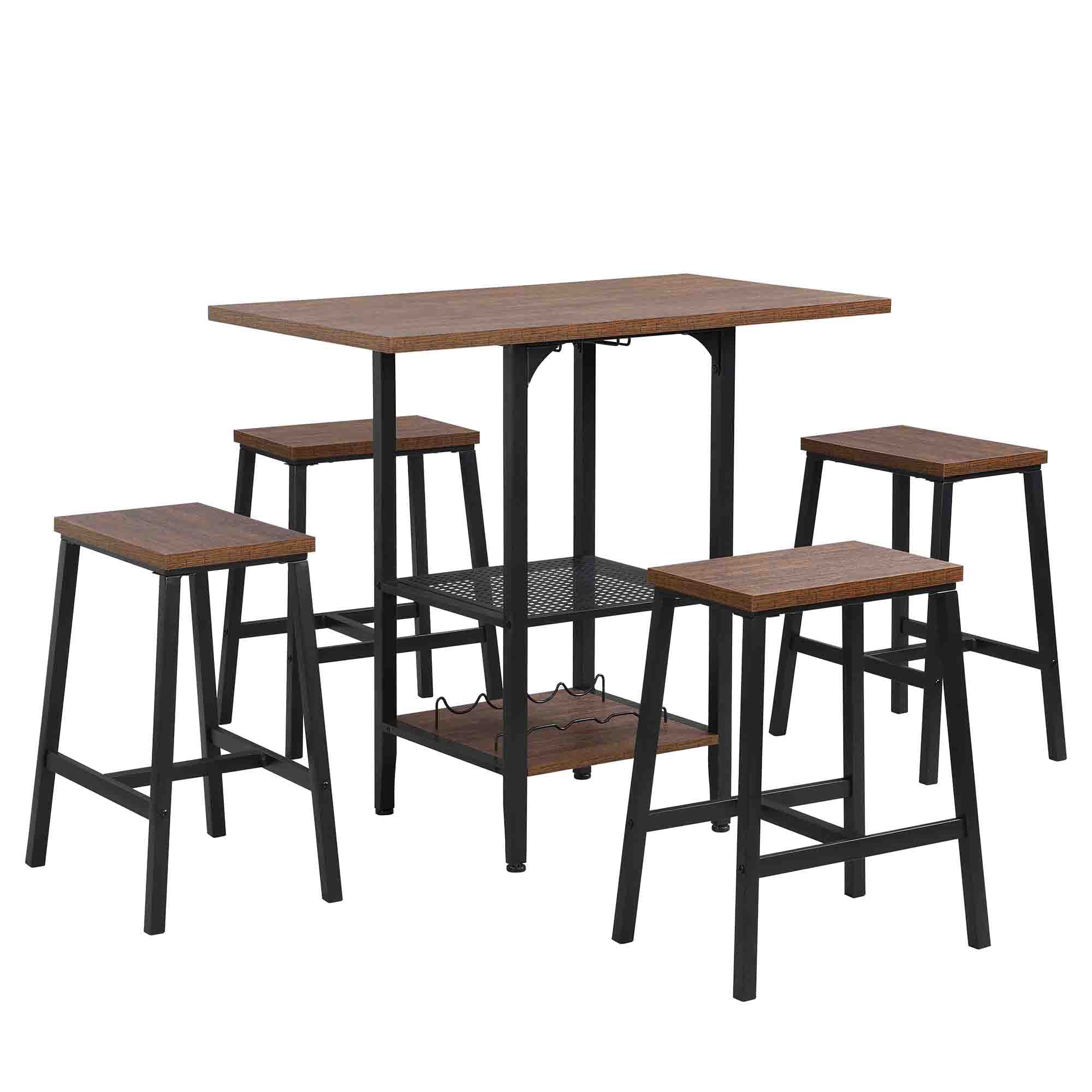 Kadyn Bar Table and Chairs Set for 4, 5 Piece Bar Kitchen Counter Height Table with Glass and Wine Holder, Brown