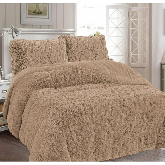 NEW YORK TAUPE COLOR SHAGGY BLANKET WITH SHERPA SOFTY THICK AND WARM 3 PCS QUEEN SIZE