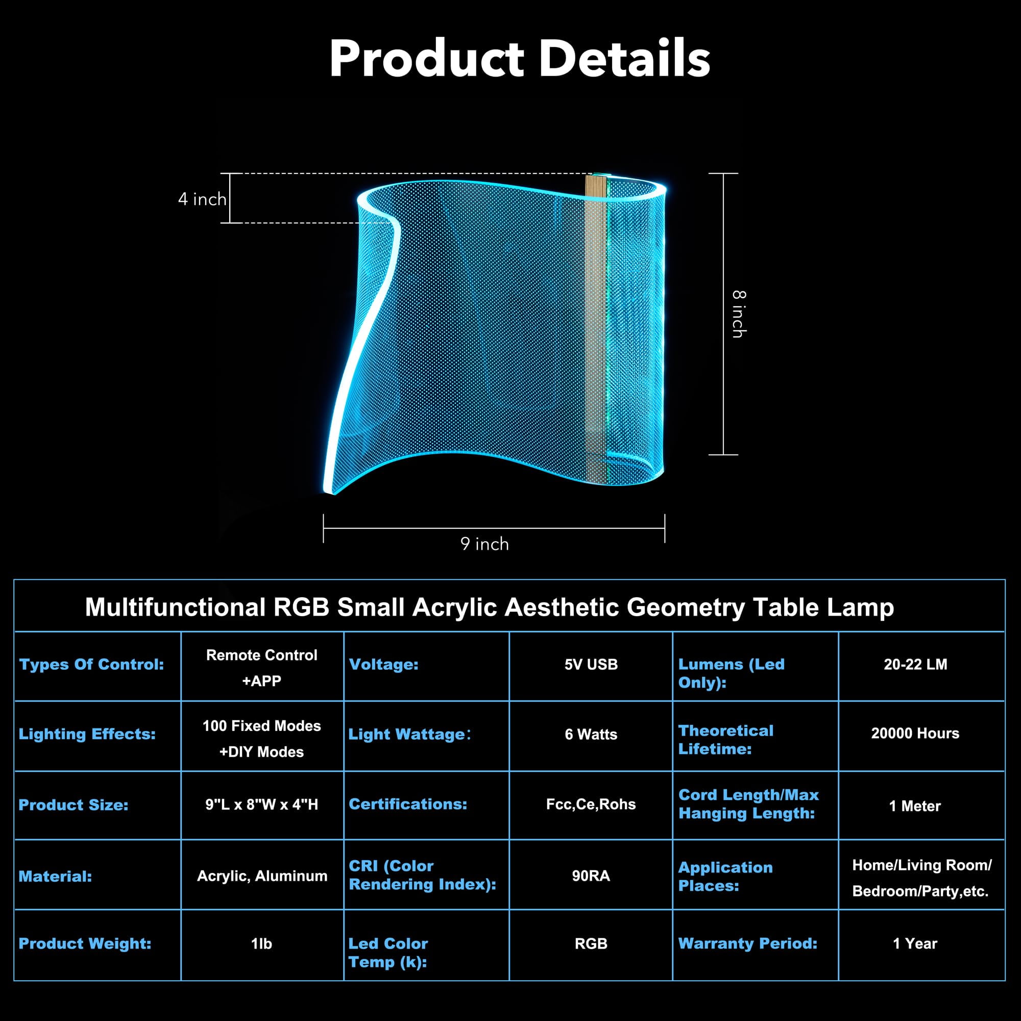 Modern Curved Acrylic Table Lamps for Bedroom Futuristic Decor, Cool RGB Desk Lamp for Room Ambient Lighting